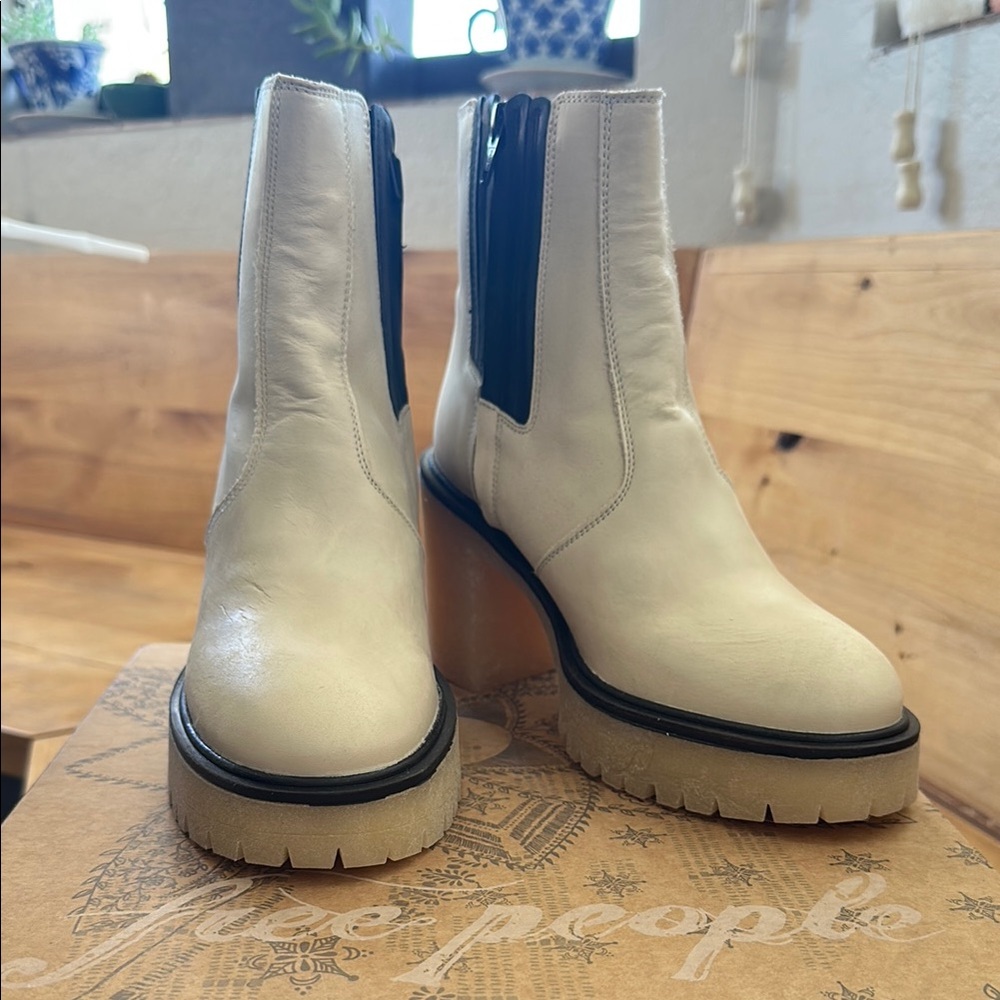 Free People Black and White Heeled Boots with Chunky Sole